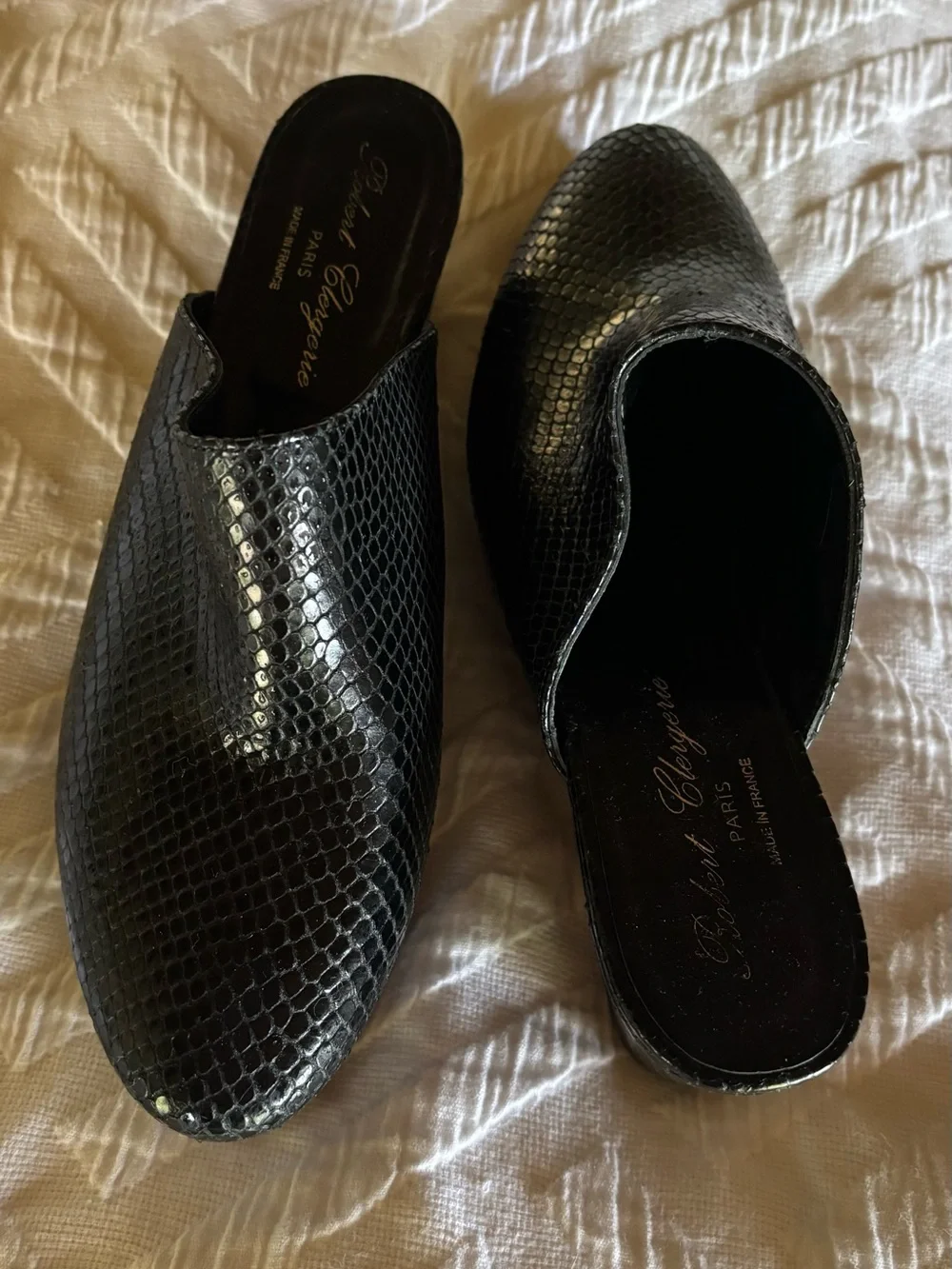 Black leather Faux Snakeskin Slide Mules